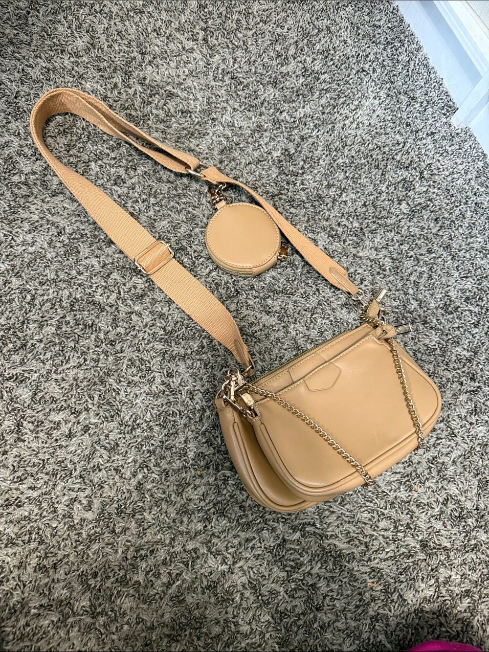 Triple-Pouch Tan Crossbody Bag with Detachable Coin Pouch